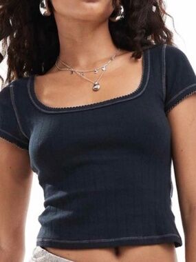 Free People Intimately FP End Game Pointelle Baby Tee Scoop Neck T-Shirt Black